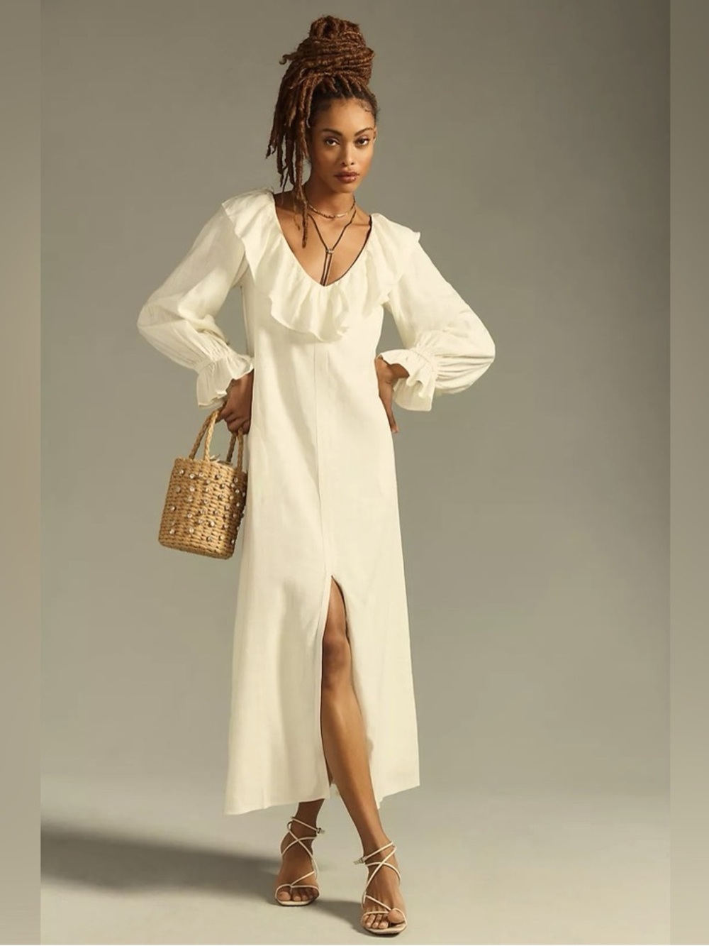 Anthropologie Ivory Porridge Ruffled Maxi Dress Long Sleeve Linen
